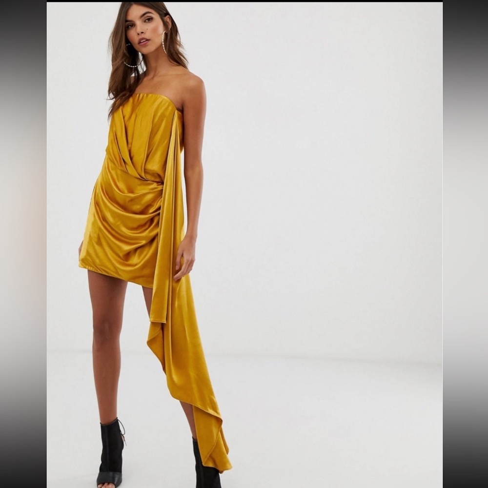 ASOS Strapless Mustard Draped Mini Dress